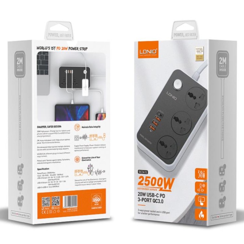 LDNIO SC3412 3 AC Outlets Universal Power Strip