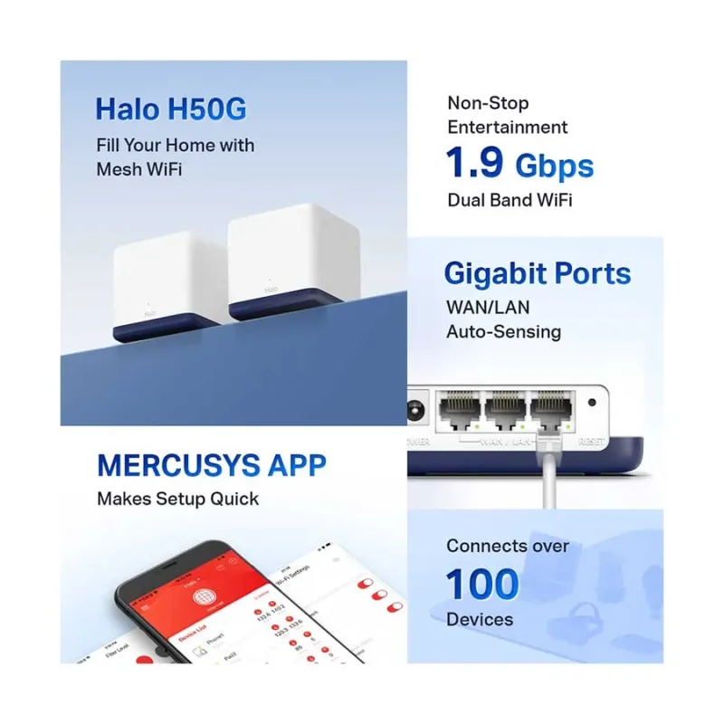 Mercusys HALO H50G AC1900 Mbps Gigabit Dual-Band Wi-Fi 5 Mesh Router (2-Pack) Mercusys HALO H50G AC1900 Mbps Gigabit Dual-Band Wi-Fi 5 Mesh Router (2-Pack)