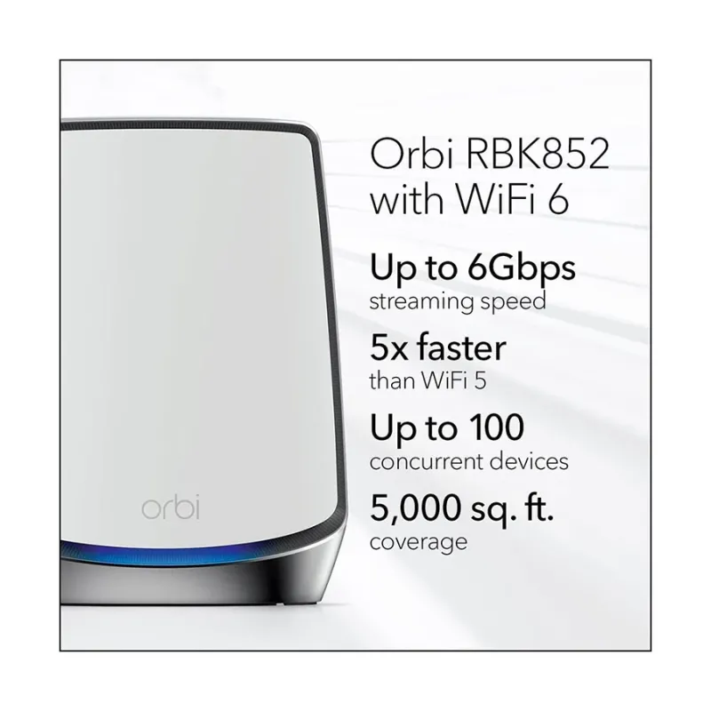 Netgear Orbi RBK852 AX6000 Mbps Gigabit Tri-band Wi-Fi System Network Router Netgear Orbi RBK852 AX6000 Mbps Gigabit Tri-band Wi-Fi System Network Router